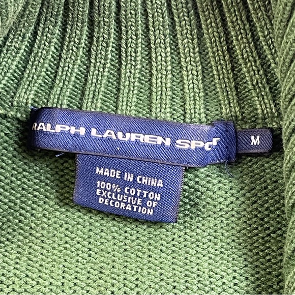 Ralph Lauren Sport Sweater Zip Up Vintage Cable Knit Cotton Green Medium - Picture 7 of 11